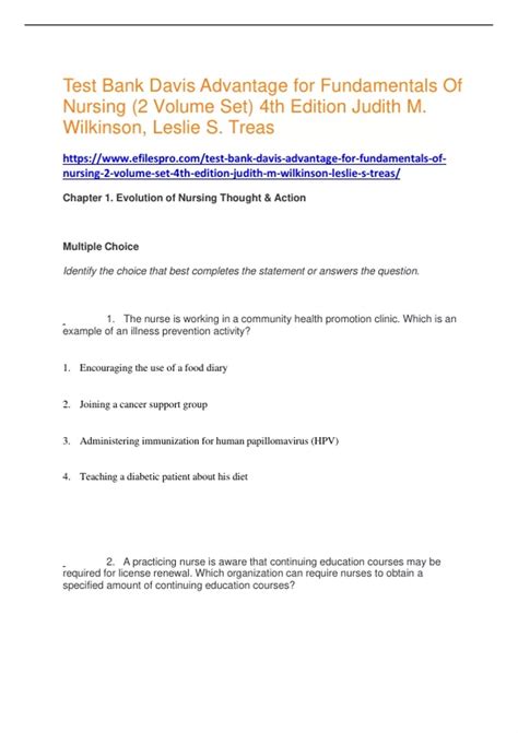 TEST BANK Davis Advantage for Fundamentals of Nursing Care: Concepts ...