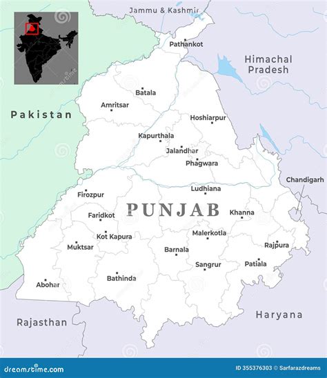 Punjab District Map Marked with Most Important Cities, State of India ...