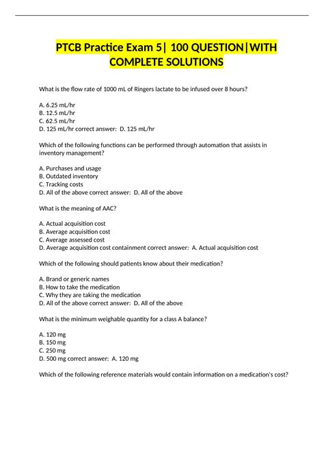 PTCB Practice Exam 5| 100 QUESTION|WITH COMPLETE SOLUTIONS - PTCB ...