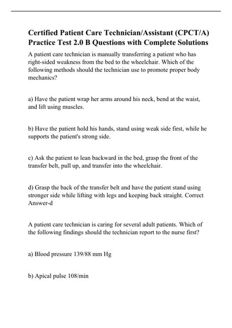 Certified Patient Care Technician/Assistant (CPCT/A) Practice Test 2.0 B Questions with Complete ...