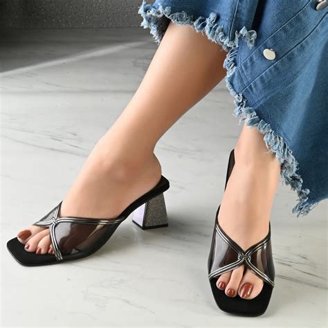 Women Clear Strap Block Heel Sandal (W-RST-120-GUNMETAL) – VALENTINO