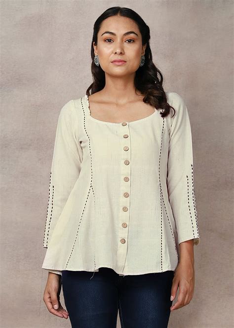 Get White Cotton Slub Kantha A-Line Top at ₹ 1925 | LBB Shop