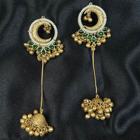 Gold Plated Green Kundan Stones & Ghungroo Tassel Drops – Baranashe