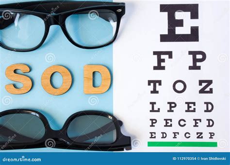 Ophthalmic Table for Testing Visual Acuity, Pair of Eyeglasses and SOD ...