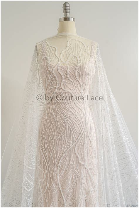 Beaded White Lace Fabric/ Off-white Beaded Wedding Dress Lace/ Couture Lace Fabric/ Pearl Beaded ...