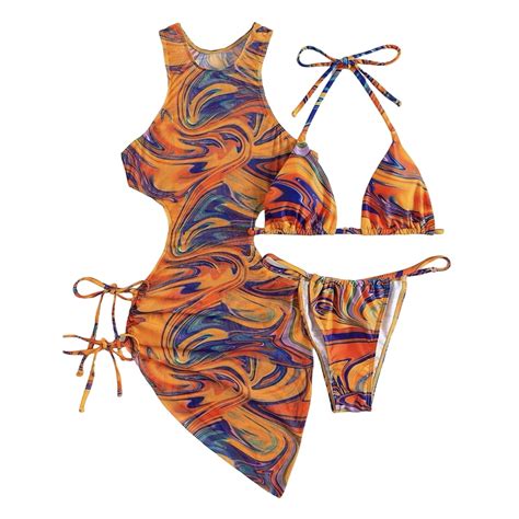 Yokua Marble Print Triangle Bathing Suits for Women 3 Pieces Swimsuit ...