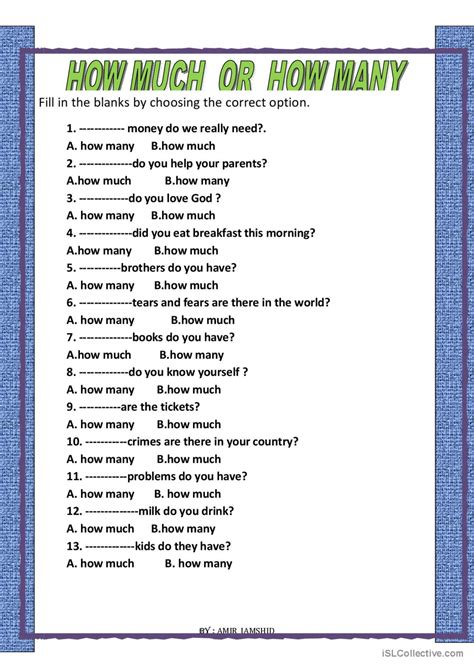 How much or How many: English ESL worksheets pdf & doc