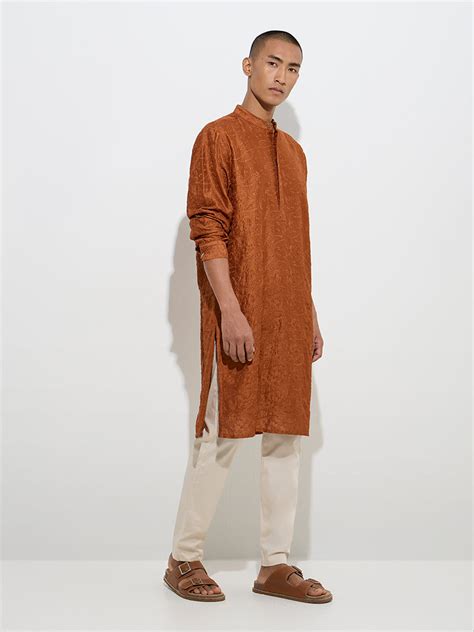 Buy Mens Ethnicwear Orange Embroidered Relaxed-Fit Cotton Kurta from ...