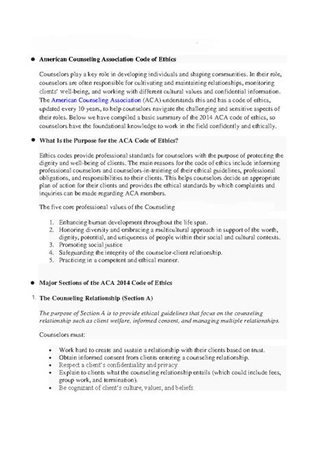 ACA 2014 Code of Ethics: Essential Guidelines for Counselors - Studocu