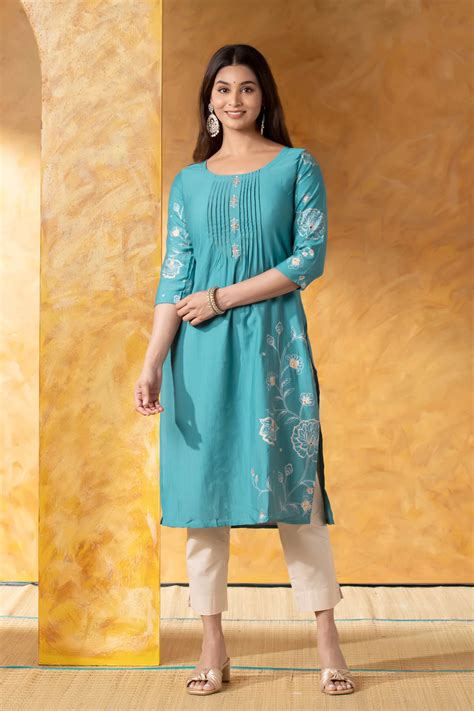 Blue Straight Line Kurta with Embroidery & Front Pleats – Maybell ...