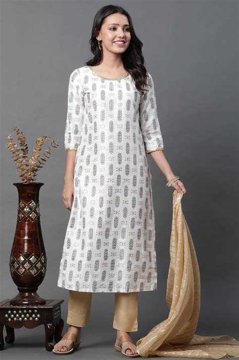 Buy White Printed Sequined Kurta, Trousers and Dupatta Set @ 3049 ...