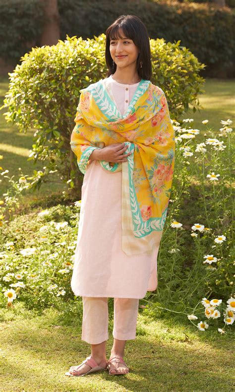 Iris Linen Soft Pink Solid Kurta With Pants And Stole( Set Of 3 ...