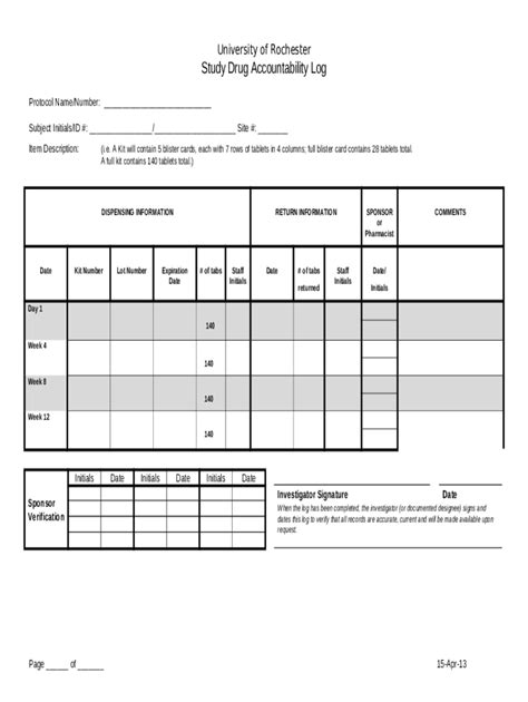 STUDY DRUG ACCOUNTABILITY LOG Doc Template | pdfFiller