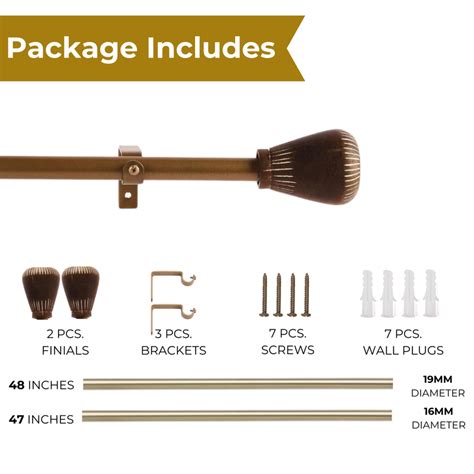 Tapered Natural Wooden Finial Extendable Single Curtain Rod Gold 19MM ...