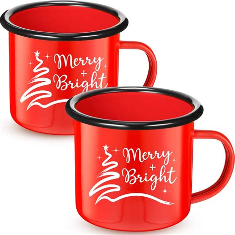 Amazon.com: Potchen 2 Pack Christmas Mugs 12 Ounce Xmas Red Enamel Mug ...