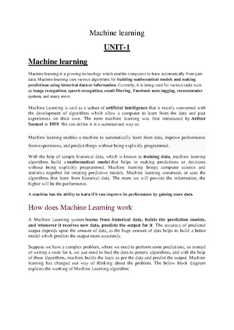 Machine Learning UNIT-1 Study Notes: Concepts & Applications - Studocu