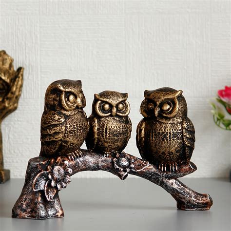 3 Owl Sitting on Branch Antique Finish Handcrafted Polyresin Decorative ...