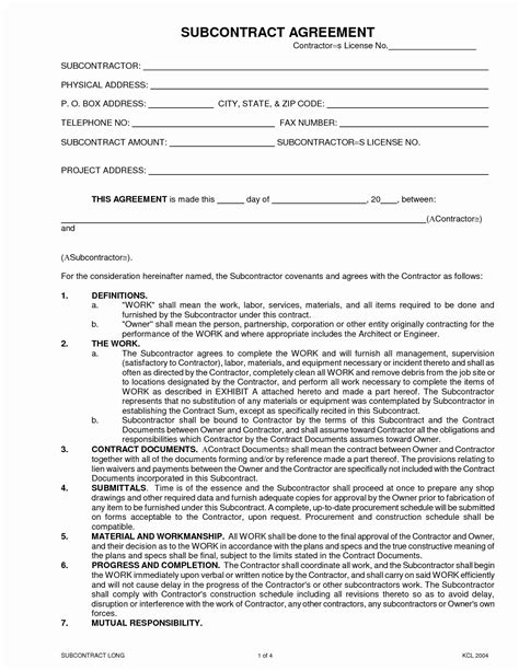 Agreement Dom Sub Contract Template Free