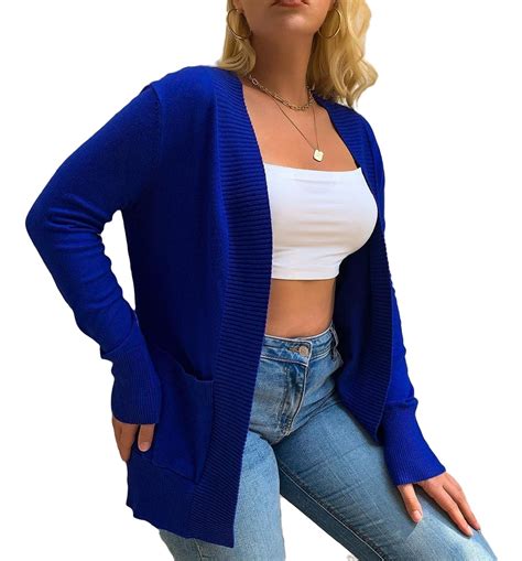 Casual Plain Cardigan Long Sleeve Royal Blue Plus Size Cardigans (Women ...