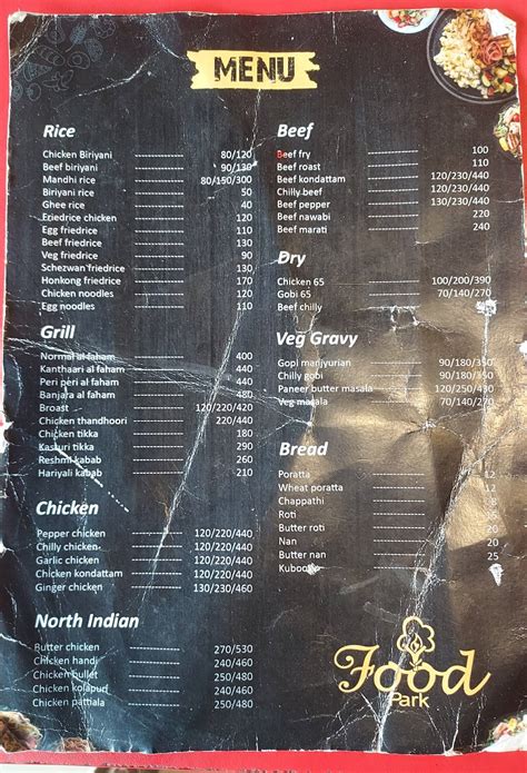 Menu at Food Park Restaurant, Chaliyam