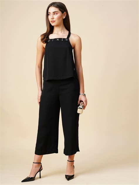 Buy Now Chemistry Moss Crepe Embellished Cross Back Top & Cropped Wide ...