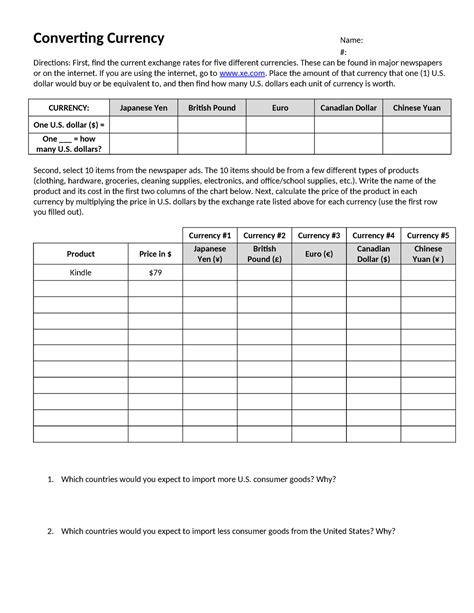 Currency Conversion Worksheet UK 的图像结果