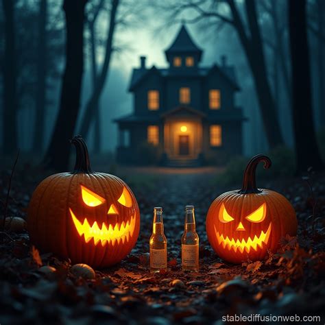 Creepy jack o'lanterns in front of haunted house | Stable Diffusion Online