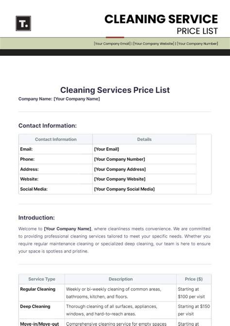 Free Cleaning Services Price List Template to Edit Online