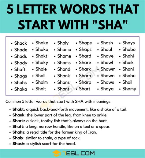 5 Letter Words that Start with SHA (50+ Words in English) • 7ESL