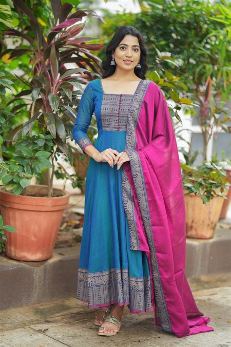 Menaka Pure Cotton Temple Anarkali | Blue & Pink