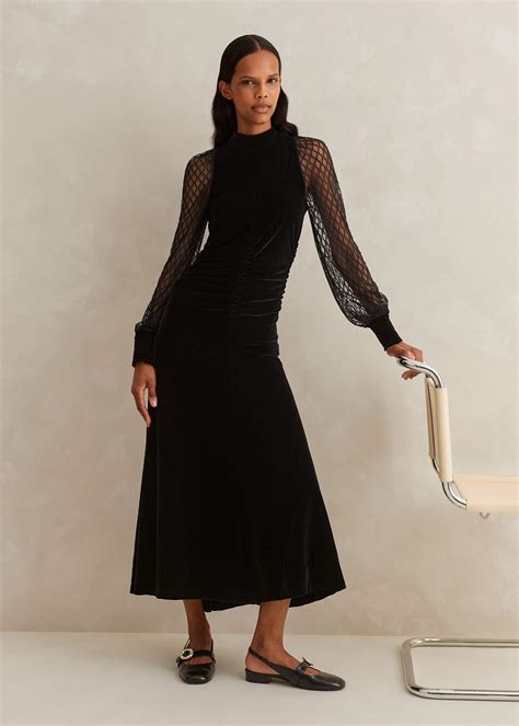 ME+EM Stretch Velvet Lace Sleeve High Neck Maxi Dress in Black | Lyst