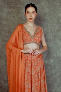 Buy Orange Georgette, Chinon Bead , Floral, Zari V Neck Print Lehenga ...