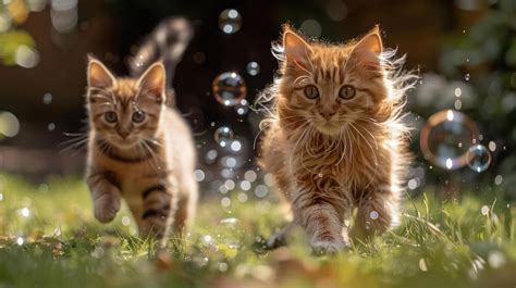 A cat and dog chasing bubbles blown by their owner in a sunny garden ...
