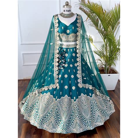 Mid Green color Sequence Thread work Designer Wedding Lehenga Choli Fo ...