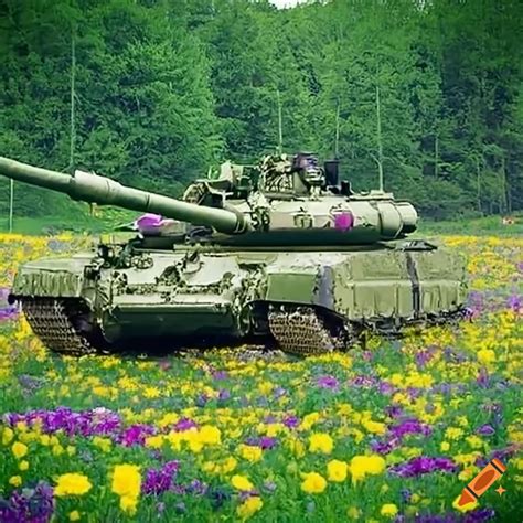 T-72 tank in a field of flowers