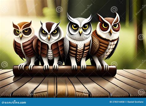 Group Of Owls Sitting On A Tree Branch, Cartoon Illustration ...