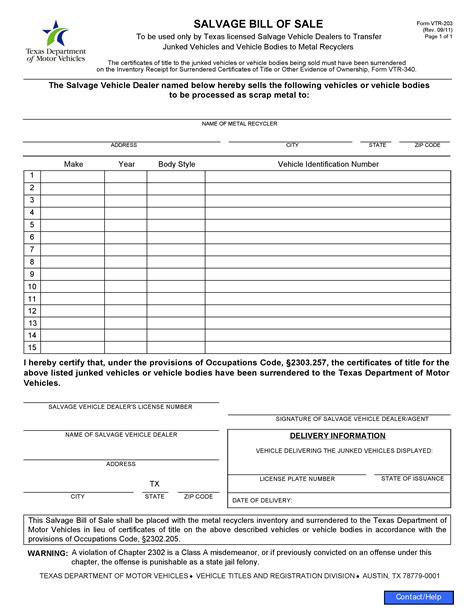 Free Texas Salvage Vehicle Bill of Sale Form - PDF | DOCX