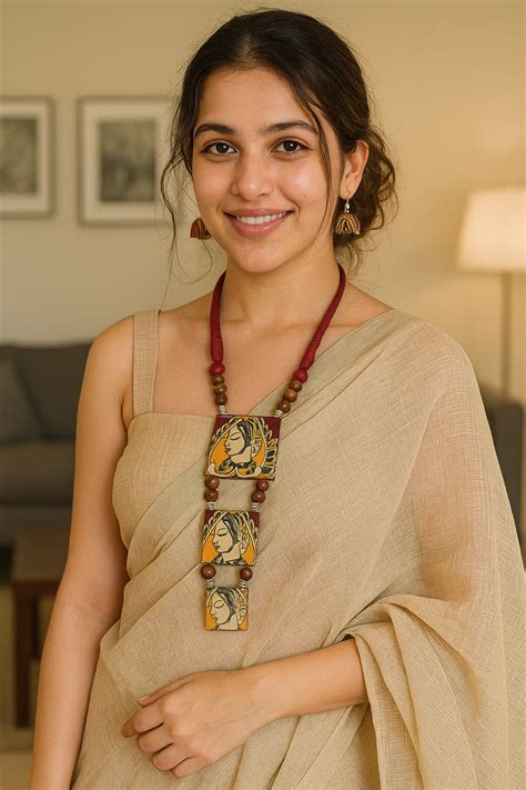 Hand Painted Woman Face Red and Yellow Fabric Necklace Set with Jhumka ...