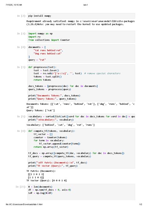 Irs Lab-1: Python Numpy Installation & Tokenization Guide - Studocu
