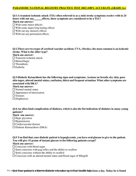PARAMEDIC NATIONAL REGISTRY PRACTICE TEST 2023 (100% ACCURATE ,GRADE A+ ...