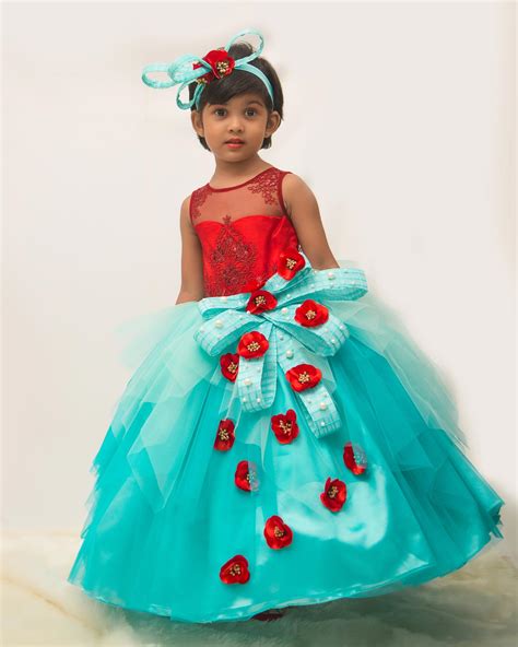 Blood Red And Aqua Blue Asymmetrical Designer Gown | Designer Gown ...
