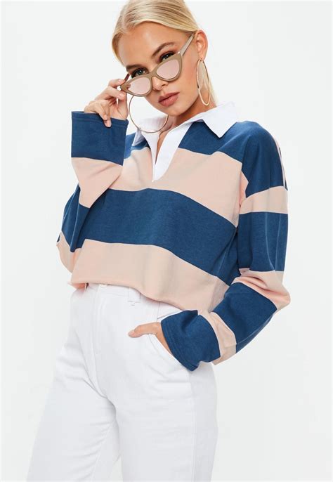 Blue & Pink Striped Cropped Rugby Shirt Top | Polo shirt outfits, Women ...