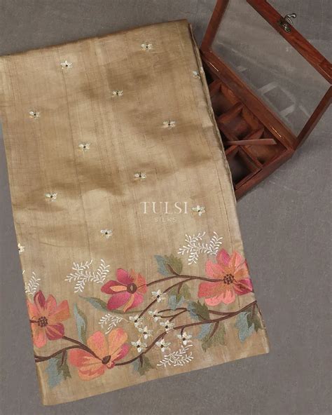 Buy Khaki Brown Tussar Embroidery Saree T554275