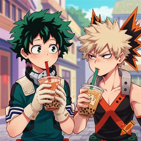 Deku and Bakugou drinking Boba, Bakugou spills his on Craiyon