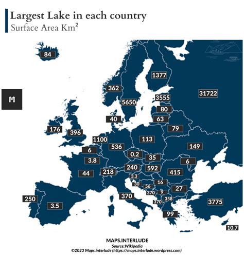 Largest lake in each European country; surface... - Maps on the Web