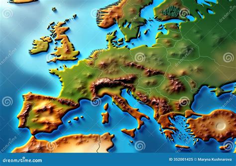 Detailed Relief Map of Europe. 3D Illustration Displays Varied Terrain Across Continent Stock ...