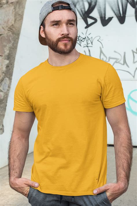 Plain Golden Yellow Men Half Sleeves Round Neck T-shirt – Nautunkee