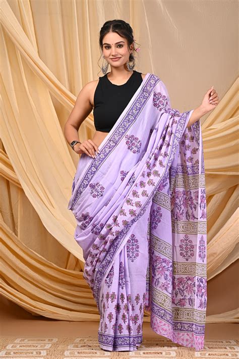 Premium Mul Cotton Hand Block Printed Saree With Blouse Piece - BFSBTC ...