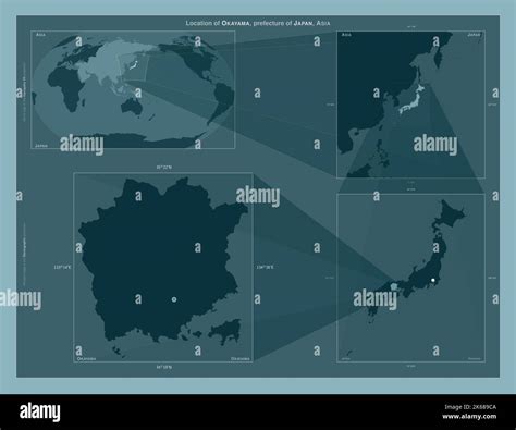 Okayama, prefecture of Japan. Diagram showing the location of the region on larger-scale maps ...