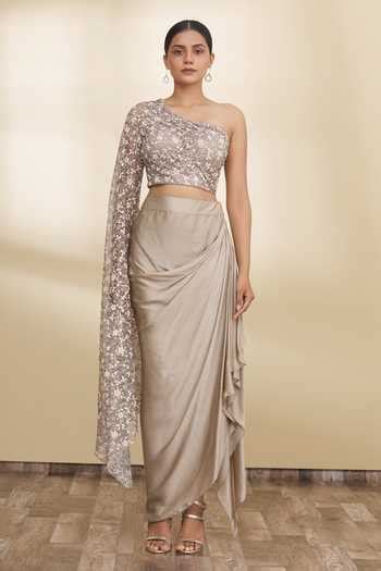 Buy Gray Silk Embroidery One Shoulder Grey Blouse And Draped Skirt Set ...